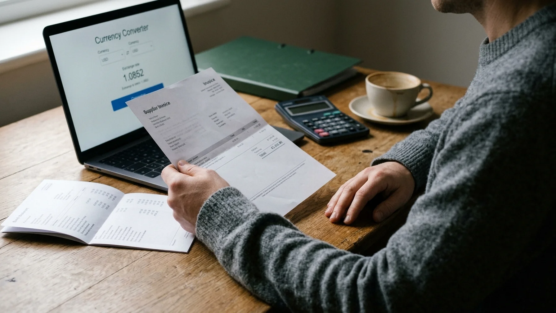 A small business owner at a wooden desk comparing an invoice in euros with a bank statement, a currency converter open on a laptop beside a calculator and a cup of coffee